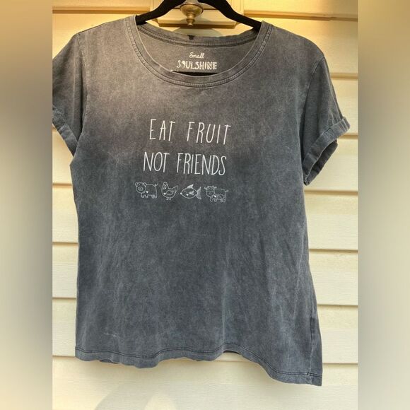 Soulshine grey distressed,shortsleeved T-shirt, Eat Fruits, Not Friends print S - Picture 1 of 7